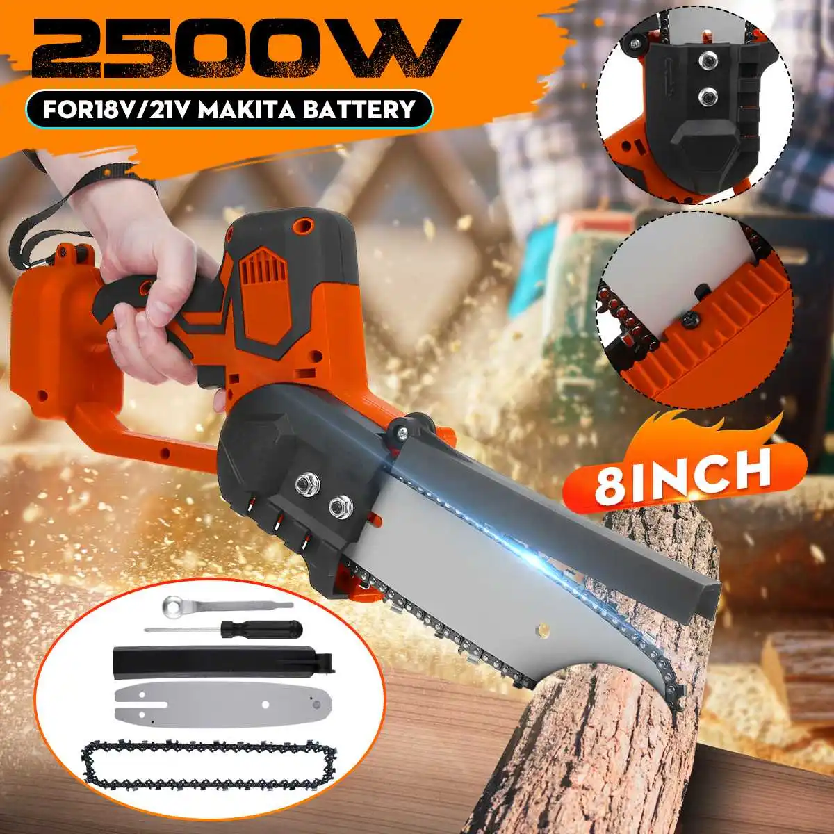 

2500W 8 Inch Electric Saw Chainsaw Wood Cutters Bracket Brushless Motor Woodworking Cutter Tool Chain Saw For Makita 18V Battery
