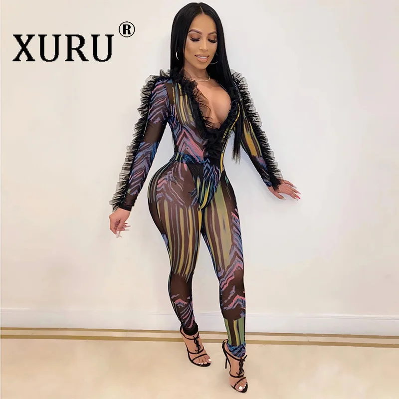 

XURU сексуальный клубный комбинезон с глубоким v-образным вырезом, длинным рукавом и рюшами, обтягивающие штаны с принтом, весна 2020, комбинезо...
