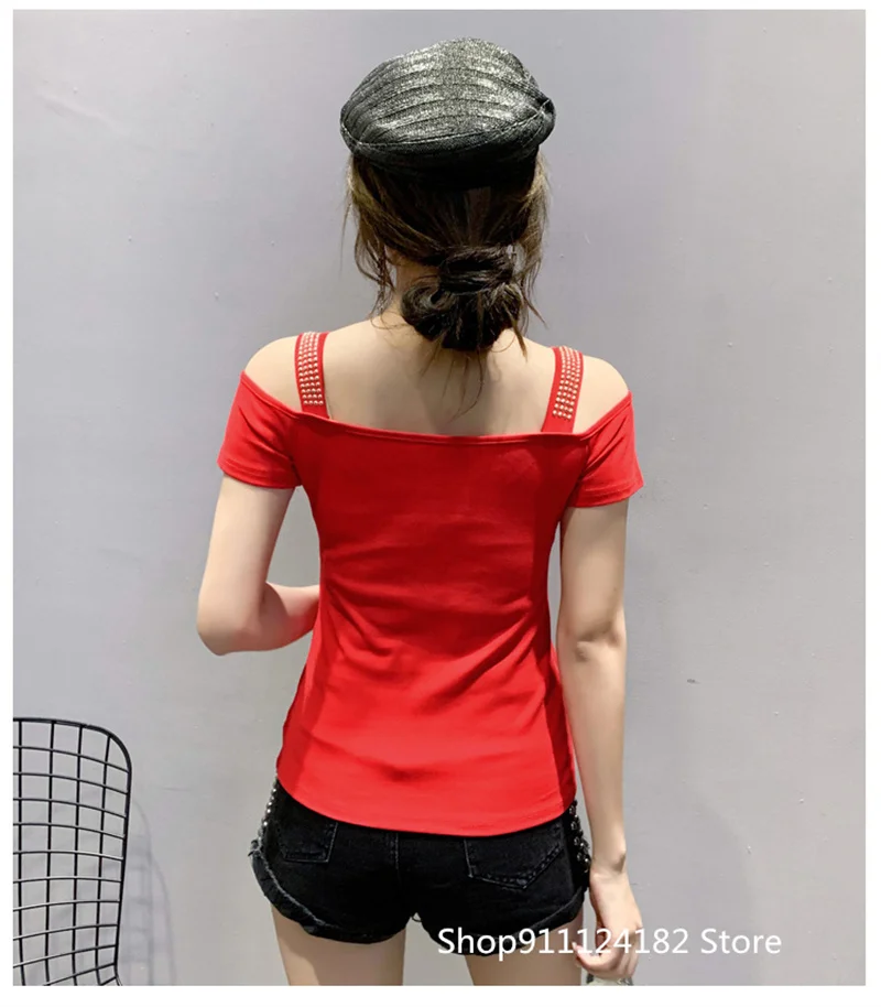 

European Station Summer 2021 New Heavy Industry Hot Drill Small Shirt Women Short-Sleeved T-shirt One-Way Neck Strapless T-shirt