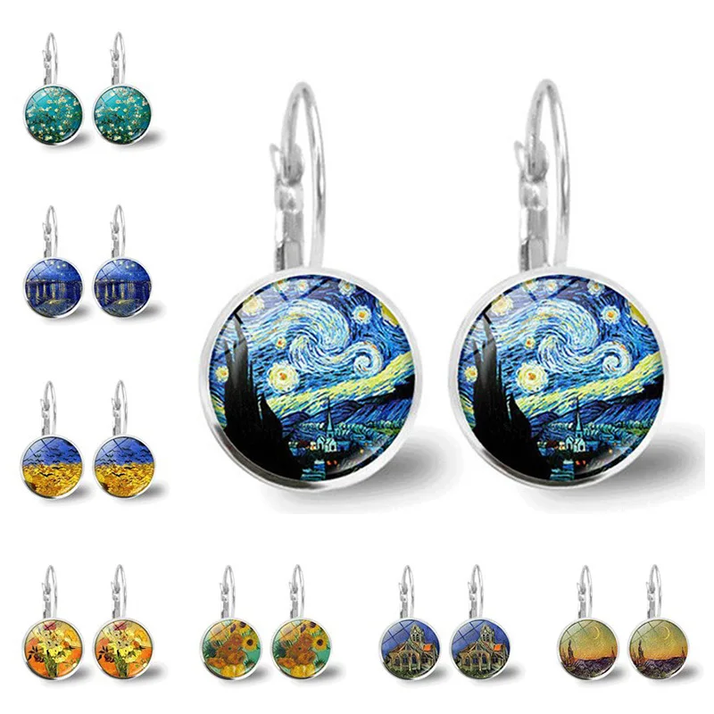 

XQFATE 2023 Trendy Van Gogh Starry Sky Time Gem Charm Earrings French Glass Art Ear Hook Earrings New Fashion Jewelry for Women