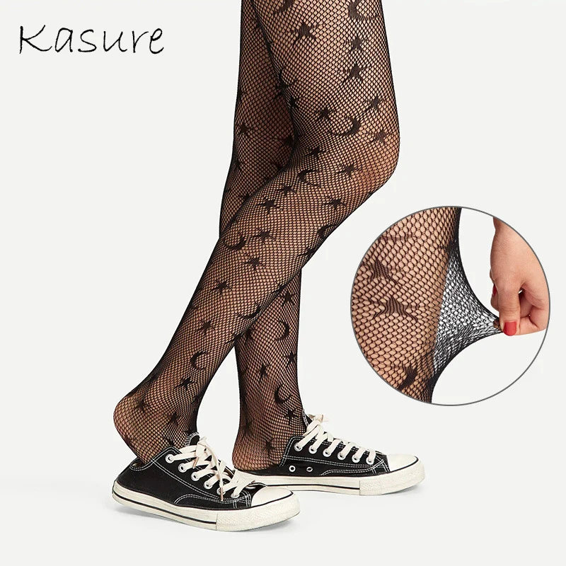 

KASURE New Fashion Hacquard Starry Moon Star Tights For Women Micro Mesh Tight Transparent Star Moon Patterned Tights For Lady
