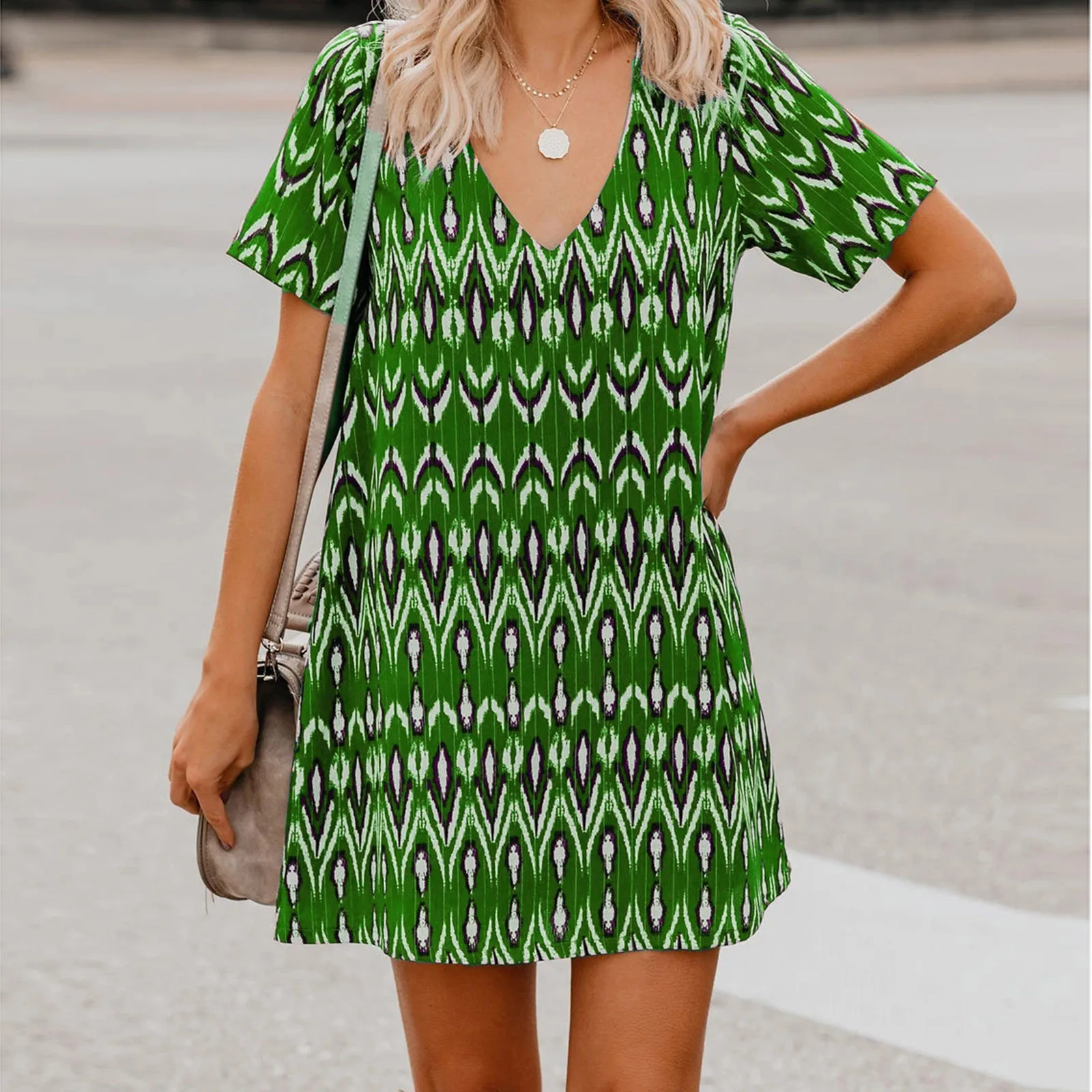 

Ladies Summer Fashion Casual Loose Bohemian Retro Printed V-neck Short Sleeve Dress Loose Short Skirt Vestido De Mujer