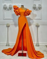 2021 elegant orange one shoulder evening dresses ruffles crystal party gown for women mermaid high slit prom dress