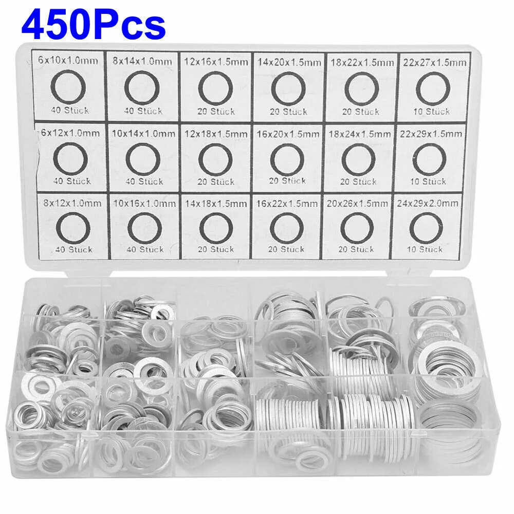 

18Sizes 450Pcs Car Engine Oil Drains Plug Aluminum Washer Gasket Nut Bolt Set Sealing Ring O Rings Kit Set