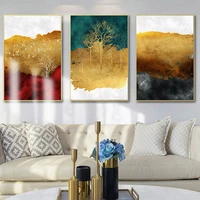 nordic abstract landscape golden mountain forest tree wall art canvas painting art poster print wall picture for living room