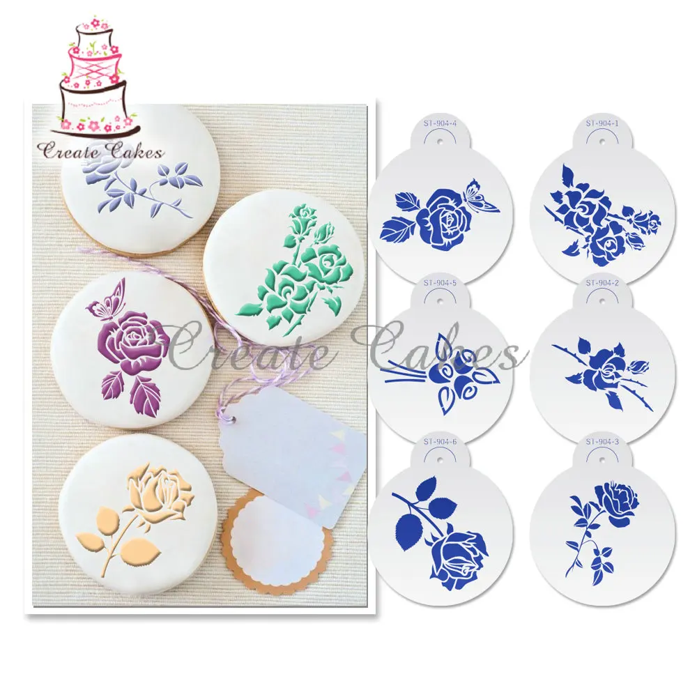 

6pcs/set Plastic Cake Cookie Stencil Fondant Mold Rose Flower Biscuits Baking Mould Cake Border Decorating Pastry Spray Tool
