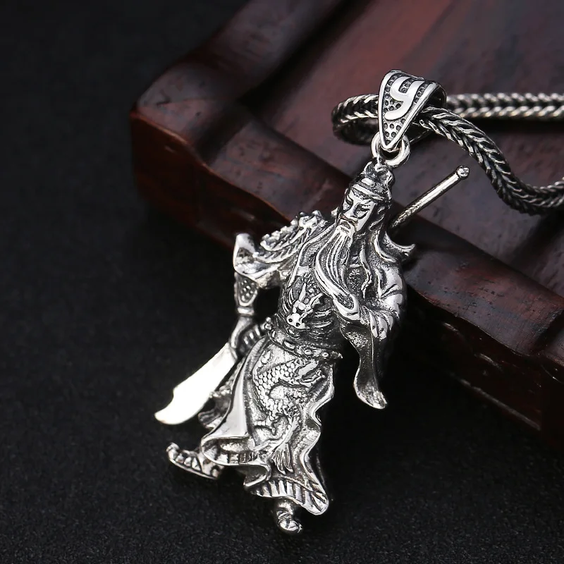

Real 925 Sterling Silver color Wushu God of wealth Guan Yu Necklace Pendant Vintage Thai silver color Men Women Pendant Jewelry