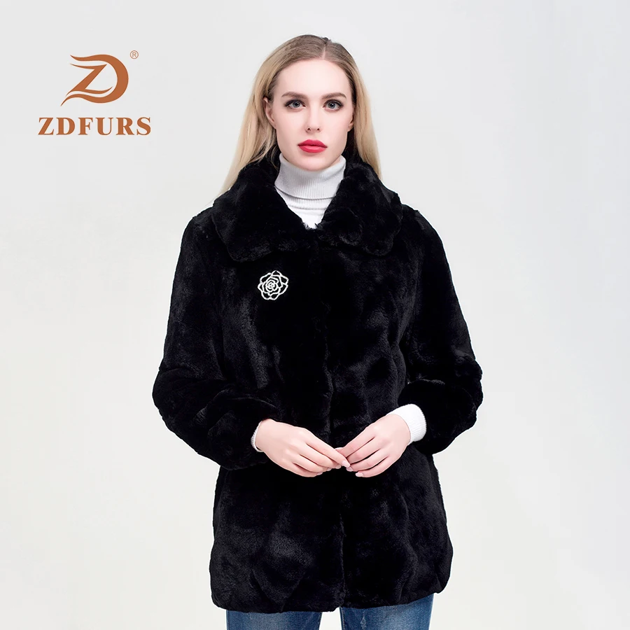 ZDFURS*real fur coat  High Quality Genuine Rex Rabbit Fur coat jacket with diamonds buttoon Natural Real Fur Coat Warm Lapel