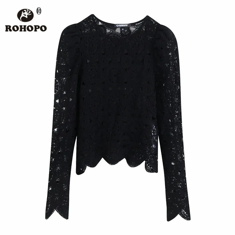 ROHOPO жаккардовый пышный наплечный выдолбленный длинный рукав трикотажный Топ
