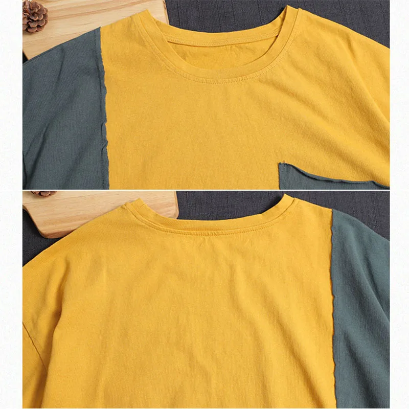 

NINI WONDERLAND Summer 2021 Cotton Patchwork Short Sleeve Loose T Shirt Women Splicing Mori Girl Style Casual Tee Tops T-shirts