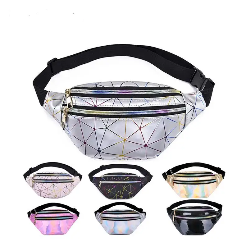 

Holographic Waist Bags Women Silver Fanny Pack Female Belt Bag Black Geometric Waist Packs Laser Chest Phone Pouch