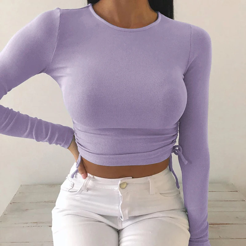 

Casual Solid O-Neck Long Sleeve Crop Top Women Side Drawstring Ruched White T-Shirt Female Tee Shirt Top for Women Clothing 2021
