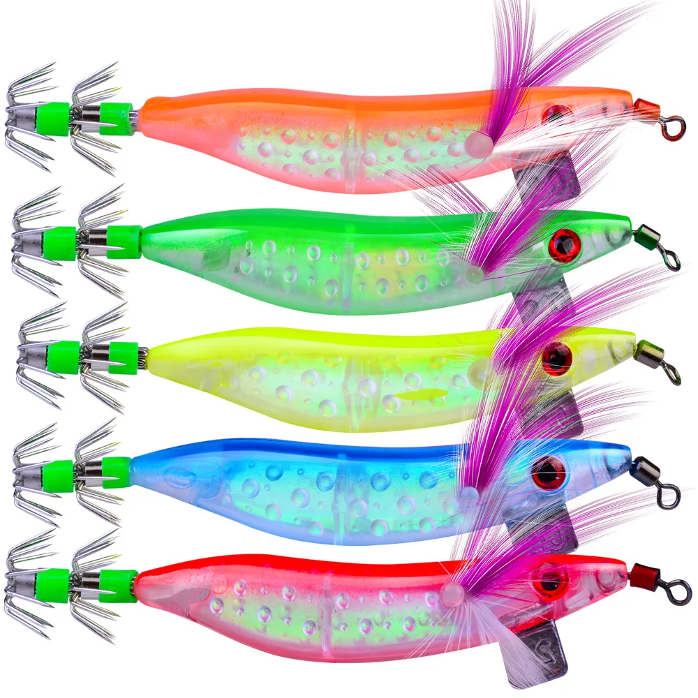 

5Pcs 10Cm / 8.1G Five Color Banana Wood Shrimp Luya Fishing Bait Explosion Hook Squid Shrimp Plastic Hard Bait Fishing Lure