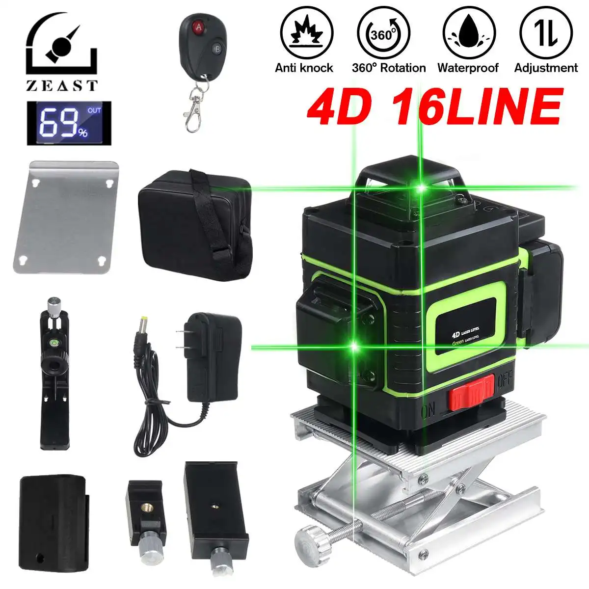 ZEAST 16 Line Green Light Laser Level 3D Remote Control Measure W/Wall Attachment Frame Self-Leveling System Green Beam Laser