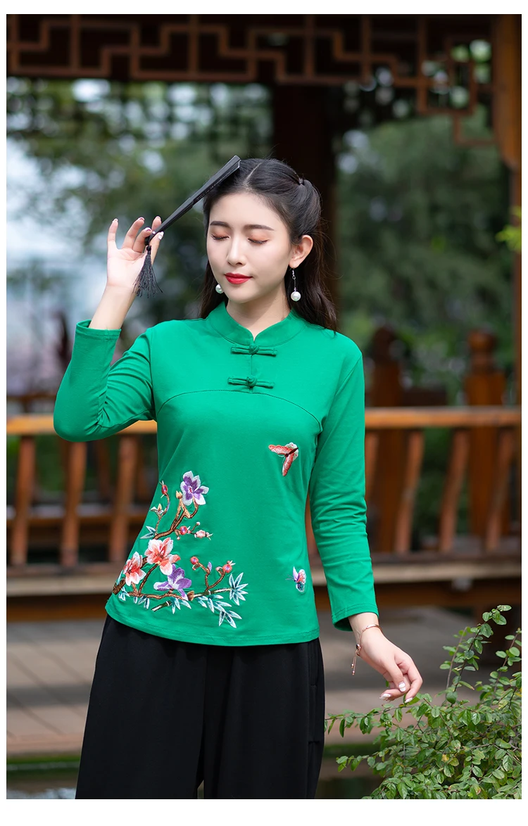 KYQIAO онлайн Китайский магазин blusa feminina традиционная китайская рубашка l XL 2XL 3XL 4XL 5XL 6XL воротник стойка Вышивка Блузка