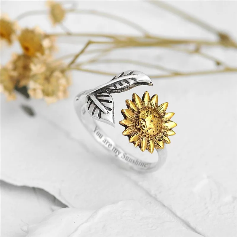

JK04D-8F You Are My Sunshine Sunflower Ring for Women Boho Wrap Nature Flower Band Adjustable Jewelry Gypsy Friendship Sunflower