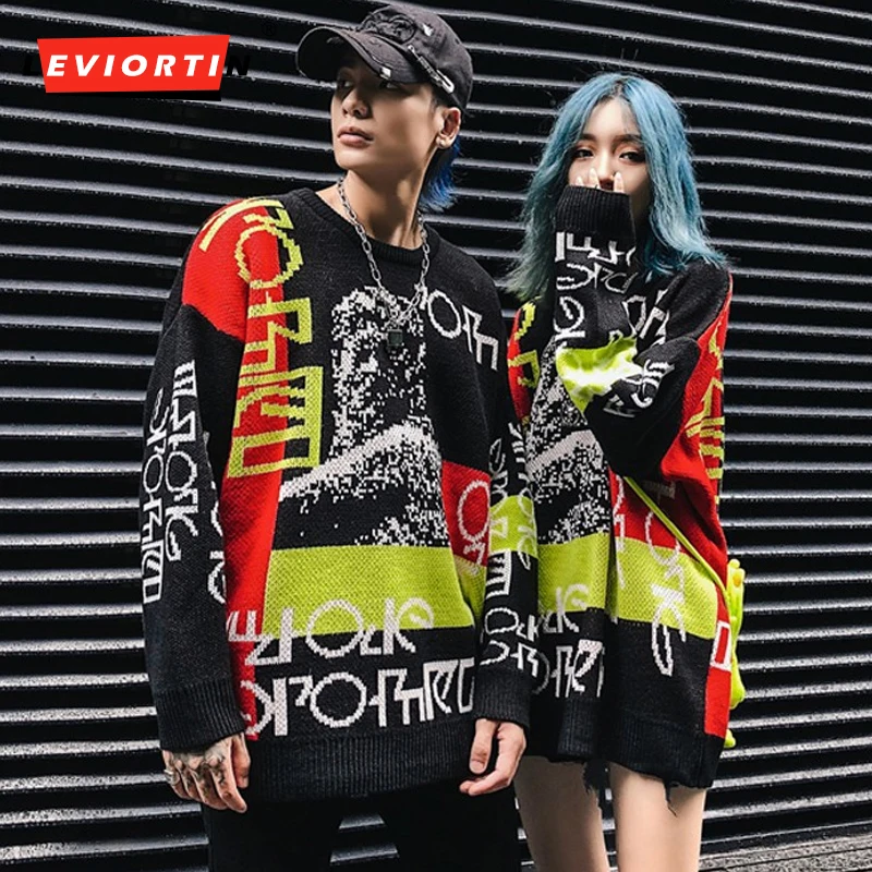 

Mens Oversize Sweater Embroidered HipHop Long Sleeve Couple Sweater Knitted Tops Women and Men High Street Chic College Style