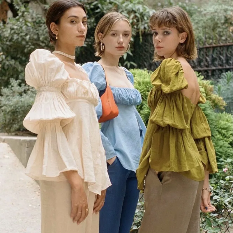 

Vintage Puff Long Sleeve Top Solid Women Blouses Shirts Square Collar Summer Blusas 2021 Boho Beach Casual Ladies Tops