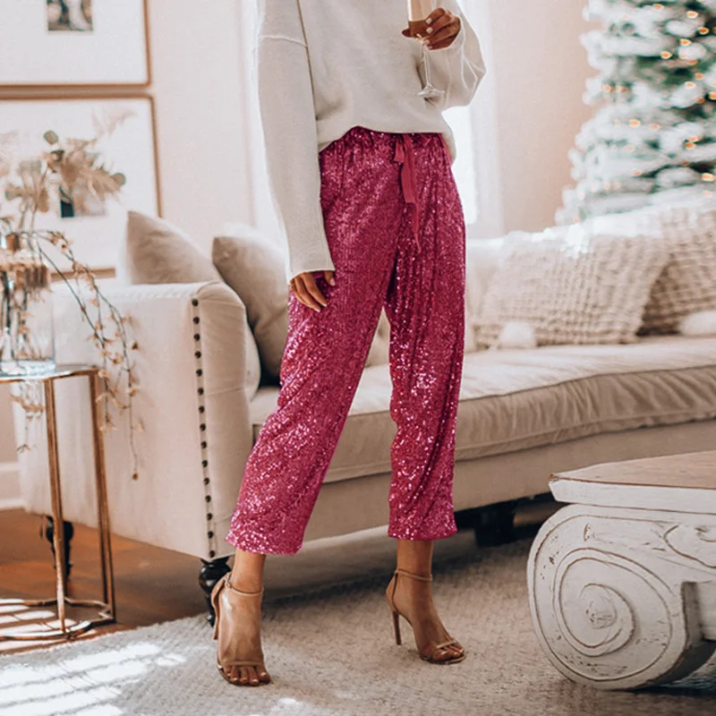 Брюки женские с широкими штанинами блестящие повседневные шаровары золотыми