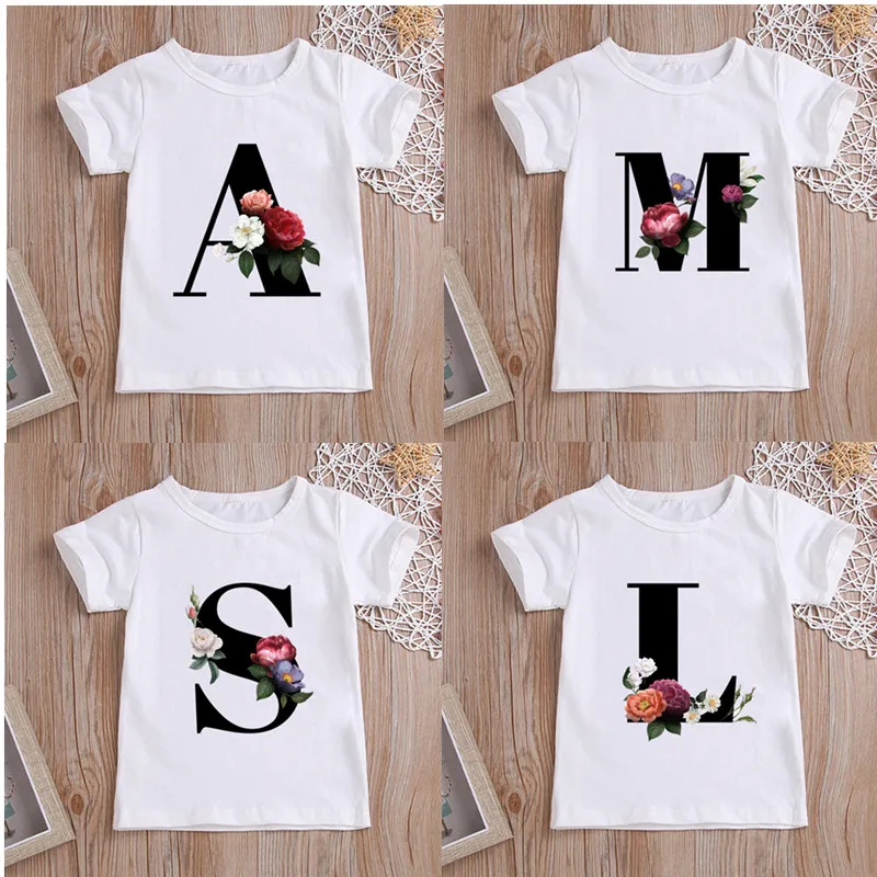 

Custom Name Letter Combination Kids T-shirt Flower Letter Font A B C D E F G Short Sleeve Clothes Children Clothing for Age 1-12
