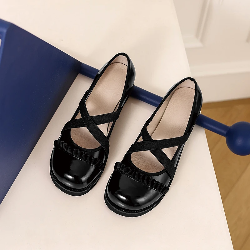 

New Genuine Leather Round Toe Women Shoes Low Heels Sweet Cute Pretty Girls Streetwear Preppy Style Elastic Band Women Pumps