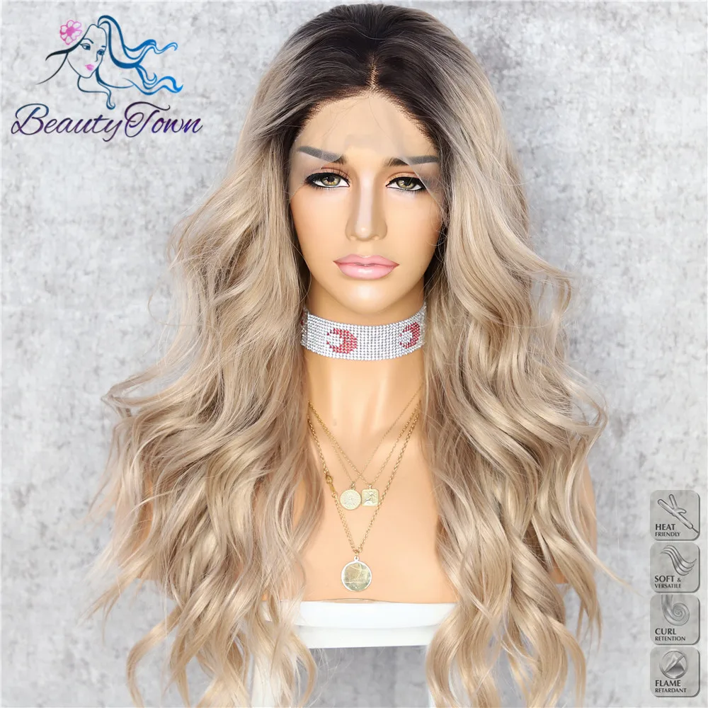 BeautyTown, темные корни, Омбре, коричневый, натуральная, длинная волна, для женщин, королева, повседневный макияж, для свадьбы, вечеринки, подарок, синтетические парики на кружеве