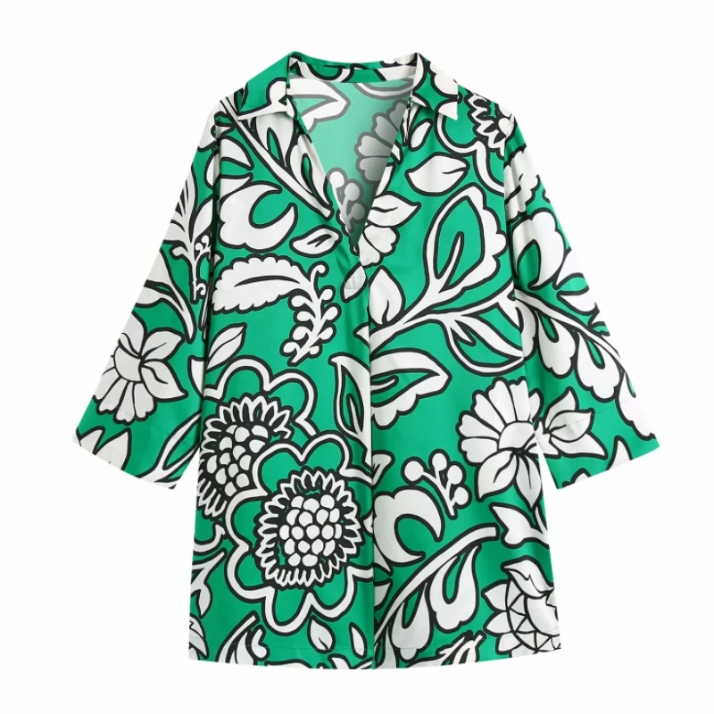 

Hot Sale Women Flower Printing Green Blouse V Neck Smock Female Three Quarter Sleeve Shirt Casual Lady Loose Tops Blusas S9296