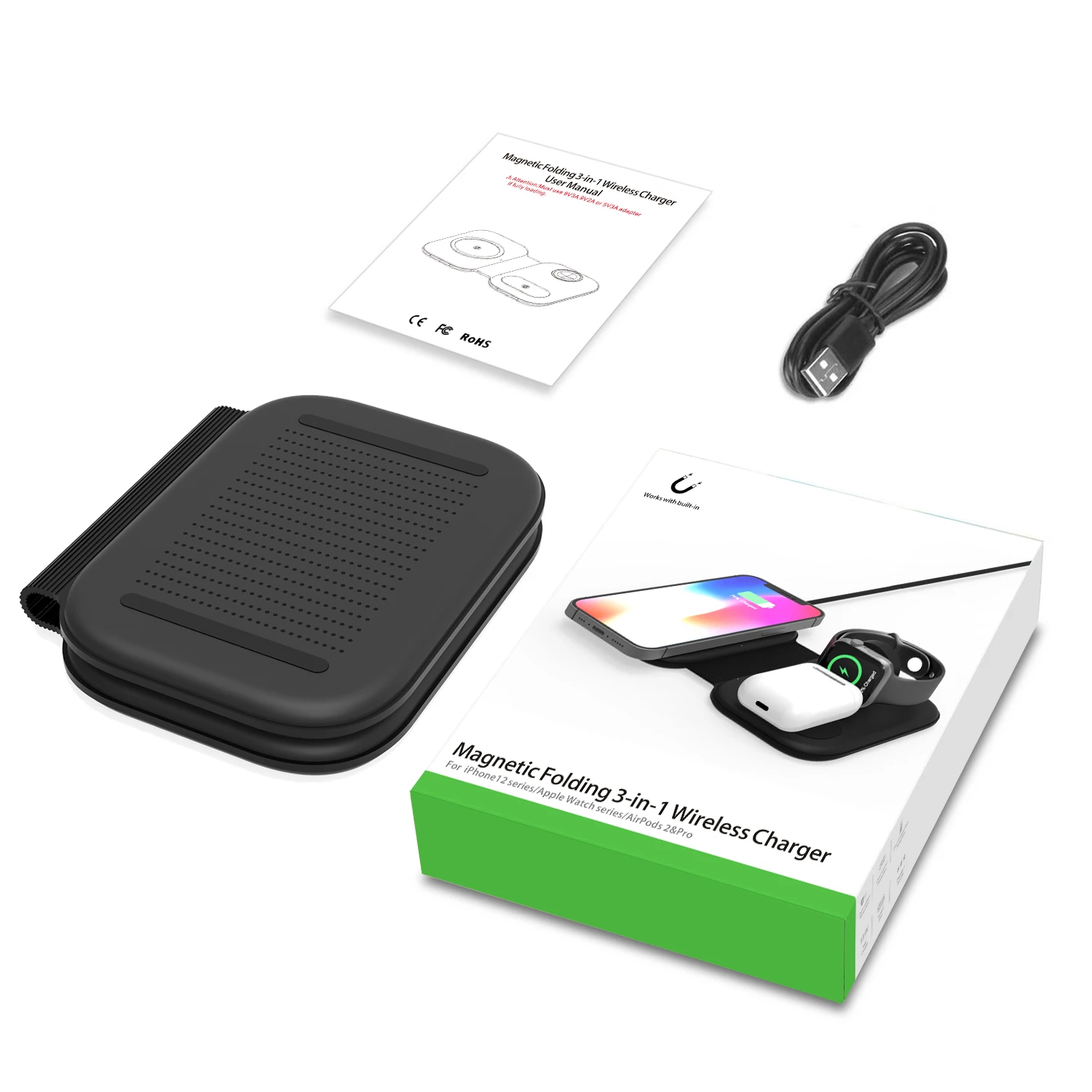 

3 in 1 fold Portable Wireless charger for iphone iwatch airpods samsung galaxy buds 15W quick charging