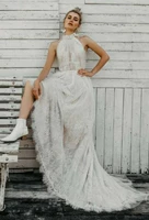 pleating tulle lace wedding dress 2020 high neck boho vestido de noiva new design chic beach wedding dresses