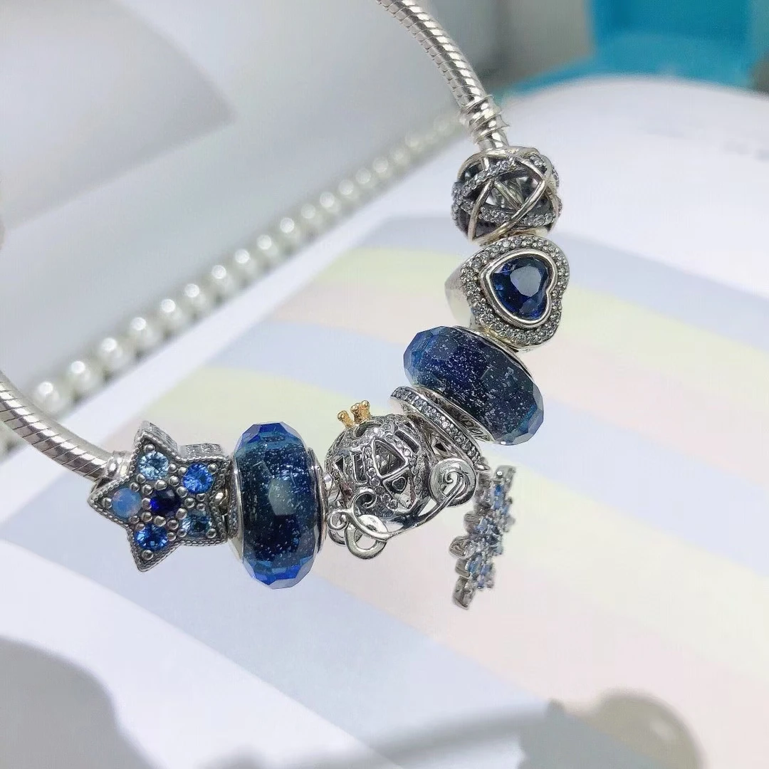 

Trendy fashion S925 sterling silver five-pointed star bright galaxy blue love snowflake bracelet exquisite gift for women