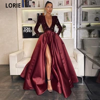 lorie burgundy evening dresses sexy v neck sequined top satin skirt high side split arabic prom gown floor length party dress
