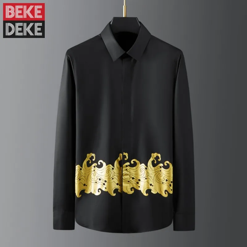

Классическая мужская черная деловая рубашка, приталенный дизайн с длинным рукавом, винтажный роскошный принт, хлопковые топы на пуговицах, ...