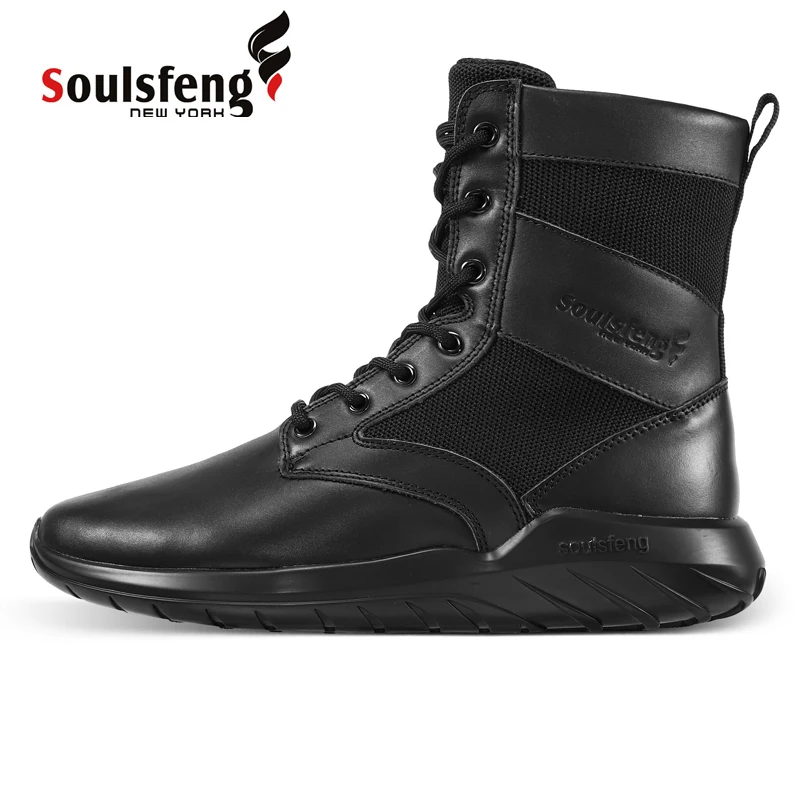 Soulsfeng   Plus Size High Top Black Desert Boots Men's Non-Slip Lightweight Combat Boots Women's Zipper Leather Hiking Shoes