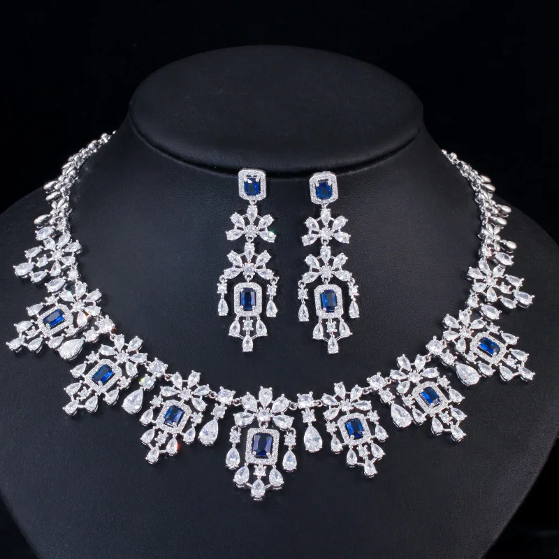 Фото CWWZircons Роскошные зеленые кубические цирконы, женские свадебные украшения, ожерелье, серьги, комплекты ювелирных изделий, аксессуары для свадебного платья T0611 №2
