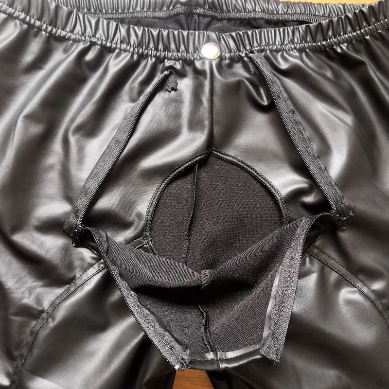Mens Skinny Wetlook Shiny Black PU Leather Zipper Open Crotch Trousers for Male Trouser Stage Club Wear Biker Pants Gay |