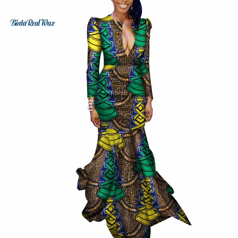 Новое Осеннее женское длинное платье Bazin Riche 100% хлопок в пол с принтом африканском