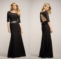 sexy backless black lace long evening dress 2015 new custom made high quality handmade exqusite elegant sleeves crystal belt