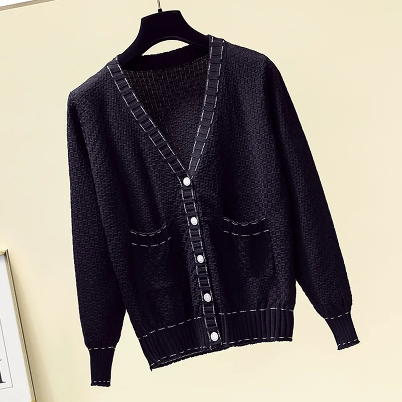 

2020 New Autumn Sweaters Woman Vogue Korean Black White Elasticity Long Sleeve V Neck Female Cardigan Women Sweater Knitwear Top