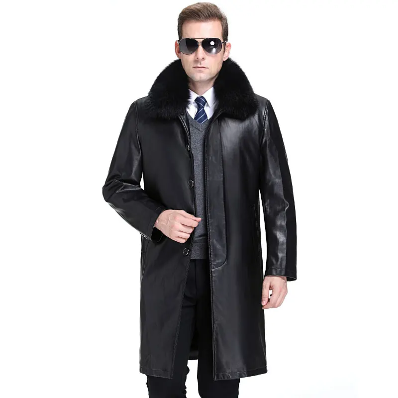 Мужская повседневная куртка из ПУ кожи черная Свободная на пуговицах с длинным