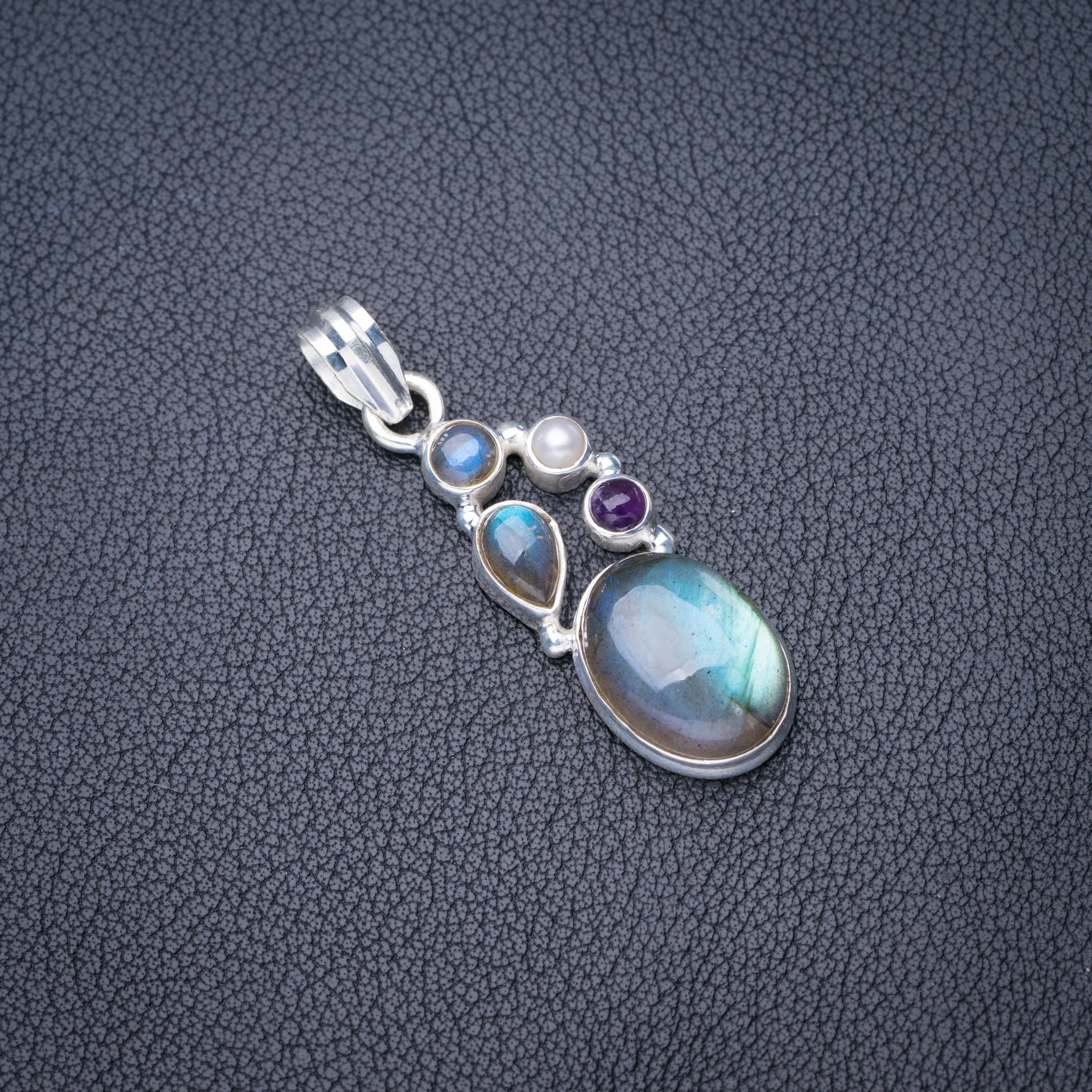 

StarGems Natural Blue Fire Labradorite Amethyst And River Pearl Handmade 925 Sterling Silver Pendant 1.75" E3724