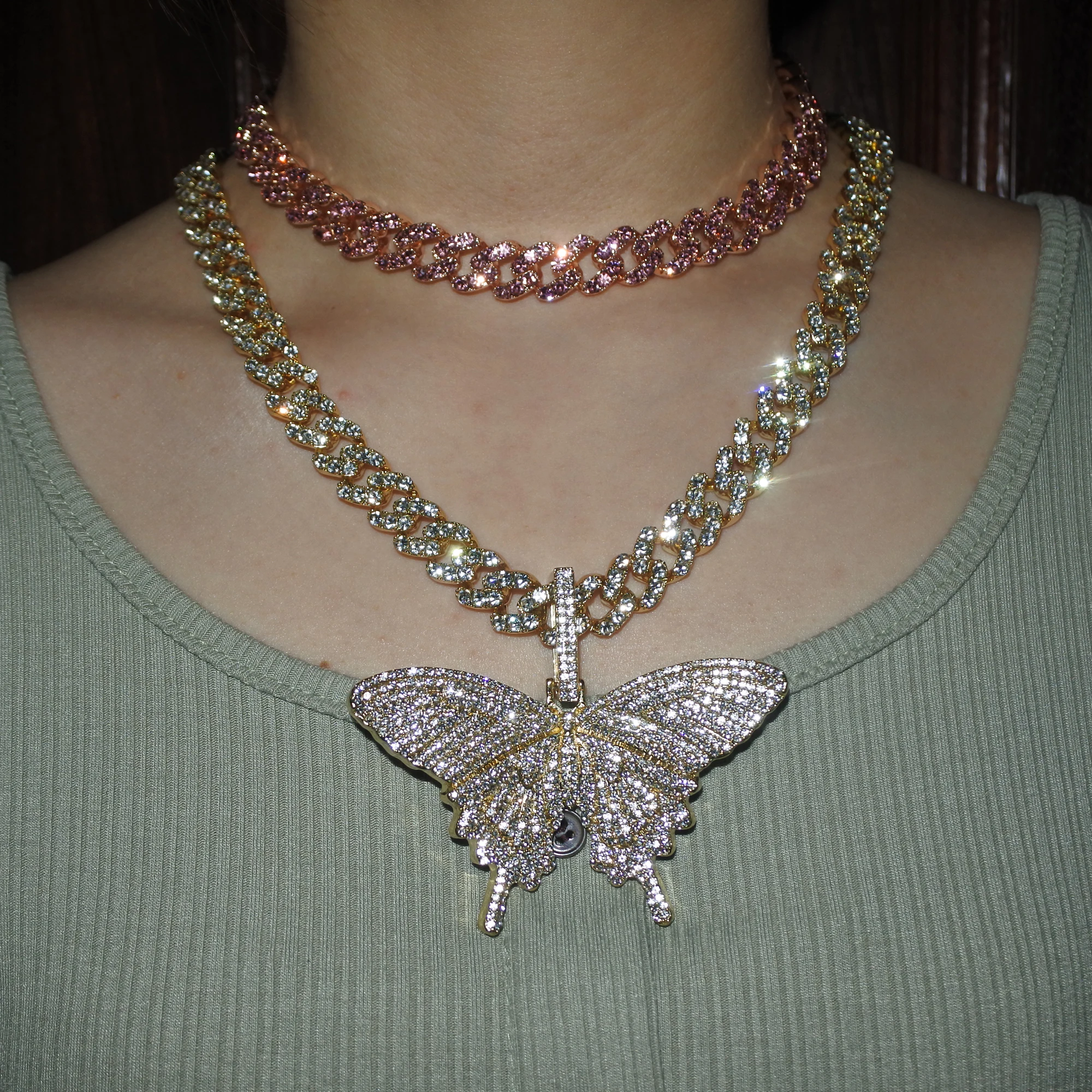 Колье с розовым кристаллом в виде пузырьков из розового золота Майами кубинское