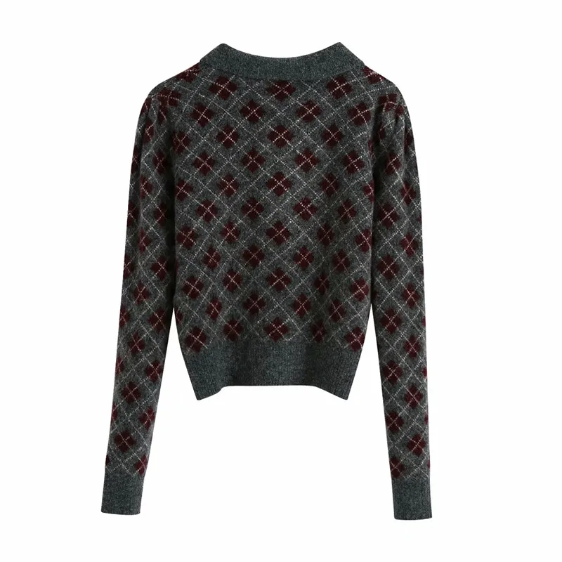Evfer Autumn Women Casual Argyle Gray Za Knitted Pullover Sweaters Feamel Fashion Double Breasted Turndown Collar Polo Sweater | Женская