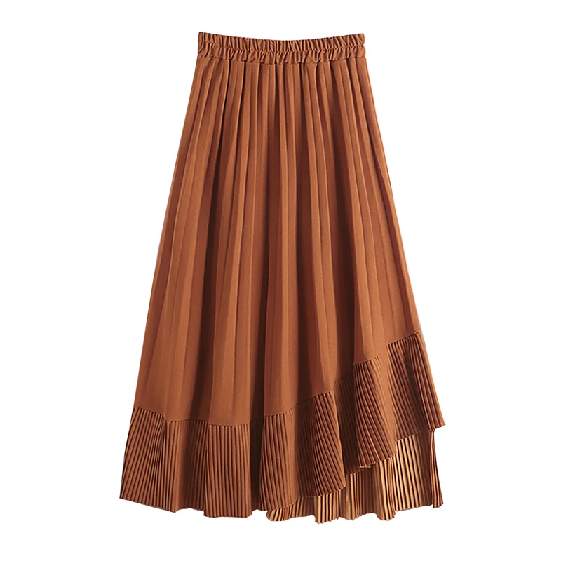 

F184 Elastic Waist Pleated Patchwork Hem Skirt 2020 New Autumn Winter Solid Color Loose Skirts Women