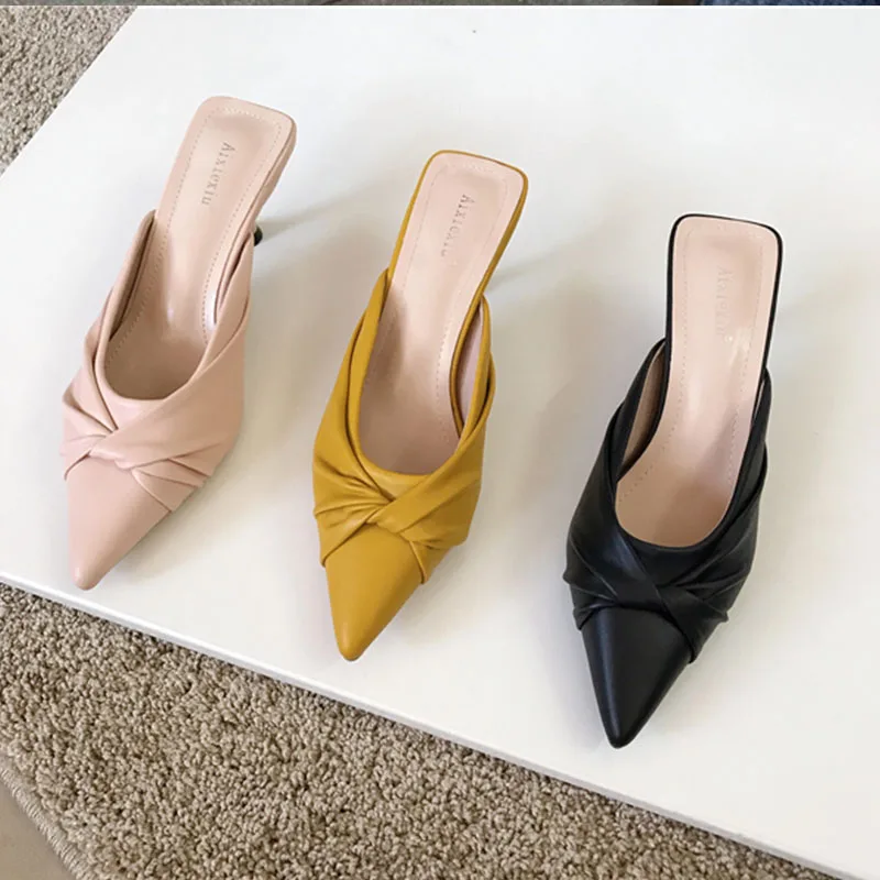 

Women Low Heel Shoes Slippers Pointed Toe Bow-knot Slip On Mules Shoes Fashion Outside Shallow Slides Ladies Dress Sandal 2021