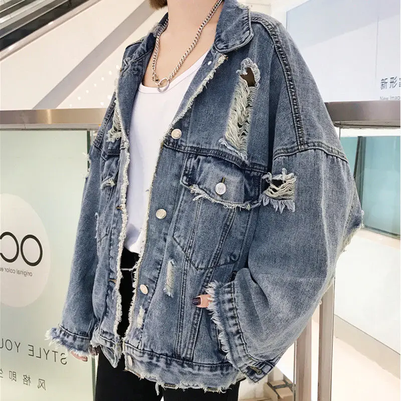 

Cool Hip Hop Denim Jacket Men Casual Solid Color Lapel Single Breasted Jeans Jacket Men Japan Autumn Slim Fit Hole Mens Jackets