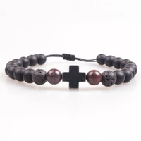 8mm stone beads bracelet braided rope black matte cross charm healing balance beads yoga bracelet for mens dropshipping