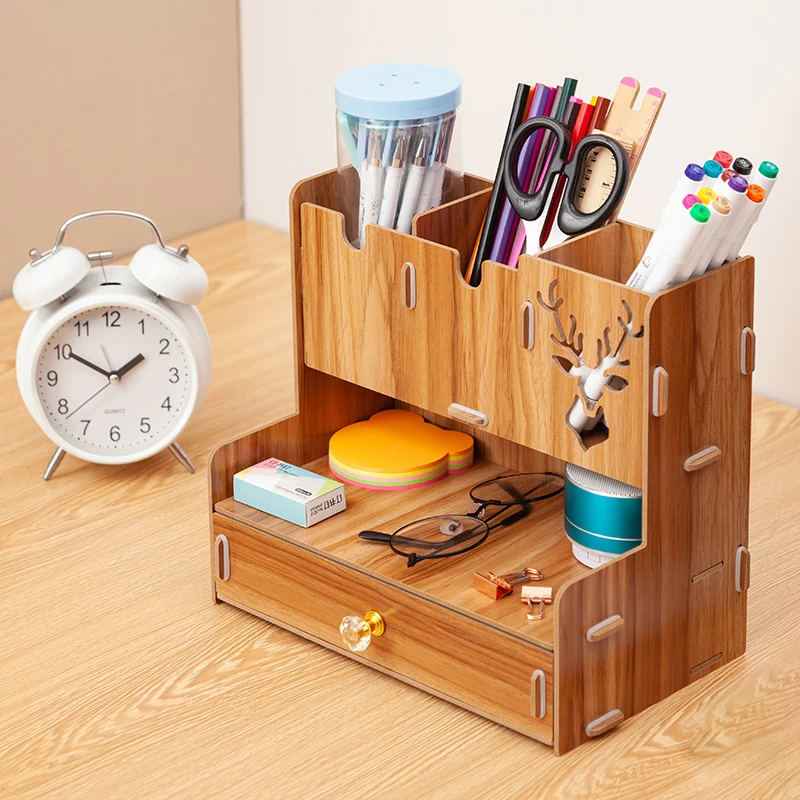 

DIY Organizer Multi-Functional Wooden Desk Pen pencil Holder Box Desktop Stationary Home Office Supply Storage Rack