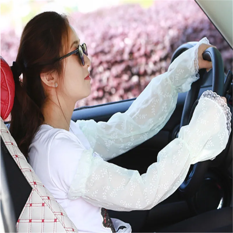 

Female UV Sunscreen Car Driving Gloves Cuff Hand Protection Women Fingerless Lace Ruffle Floral Long Arm Warmers Sleeves