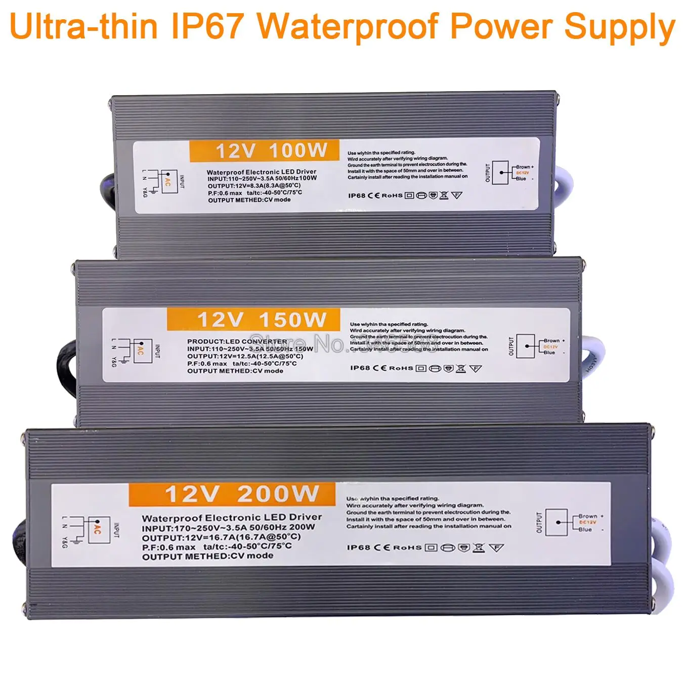 New Ultra-thin Slim Size IP67 Waterproof Power Supply IP67 AC to DC12V 24V Lighting Transformer 60W 80W 100W 120W 150W 200W