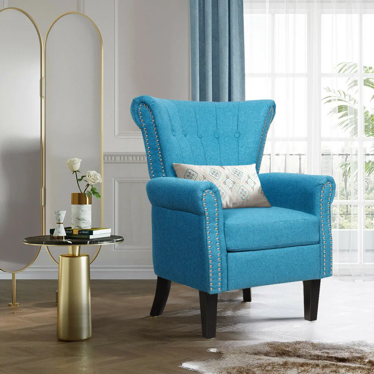 

Modern Accent Arm Chair Tufted Upholstered Single Sofa w/ Rubber Wood Legs Blue